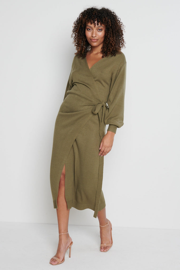 Beau Wrap Midi Dress - Olive Green ...